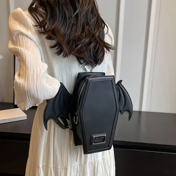 Gothic Emo Coffin Bat Wings Backpack, Convertible to Crossbody Purse Bag - Picture 2 of 3
